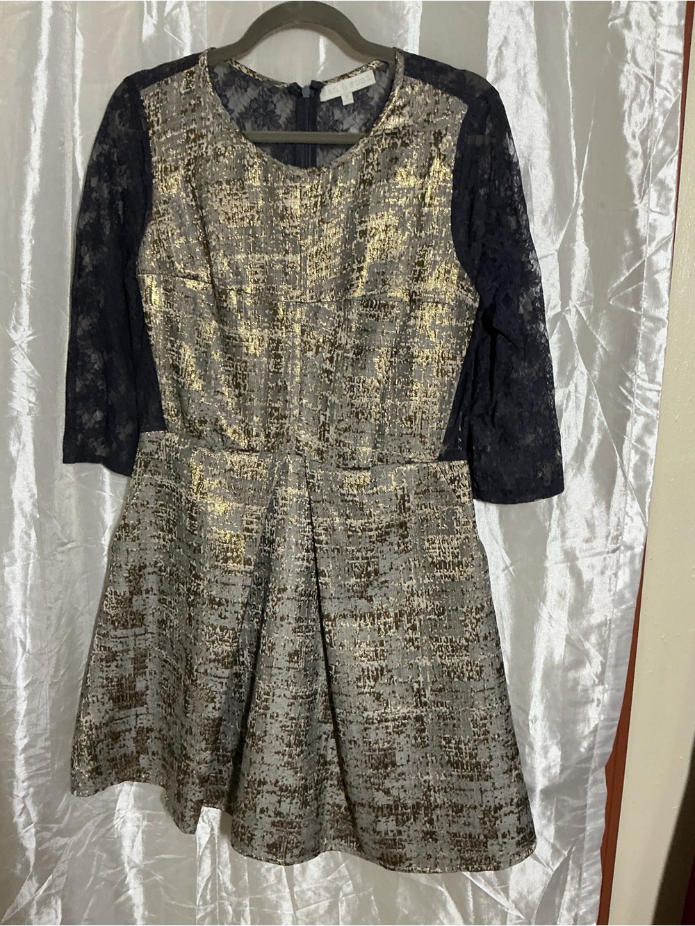 Metallic Gold Textured Fit & Flare Dress with Blue Lace Sleeves